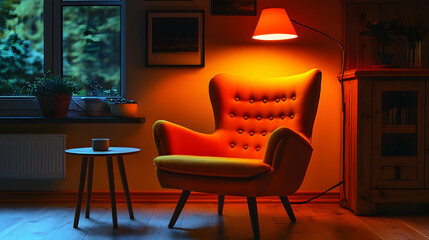 Fototapeta premium Cozy armchair by window, warm evening light