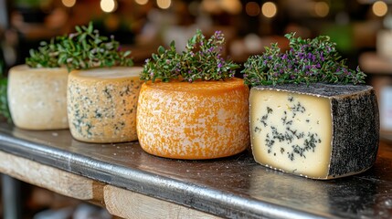 Artisan cheeses displayed on market counter