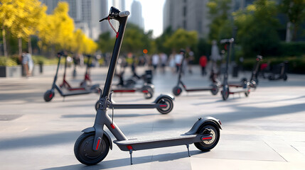 Electric scooters parked on city sidewalk