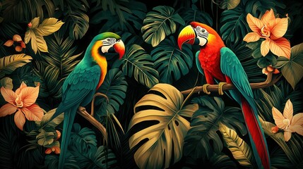 Fototapeta premium Mesmerizing Tropical Parrot Perched Amidst Lush Foliage and Vibrant Flowers A Dreamlike Nature Inspired Wallpaper Filled with Captivating Botanicals and Wildlife
