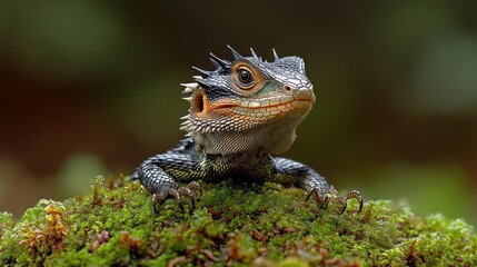 Obraz premium Curious Lizard on Mossy Rock in Rainforest