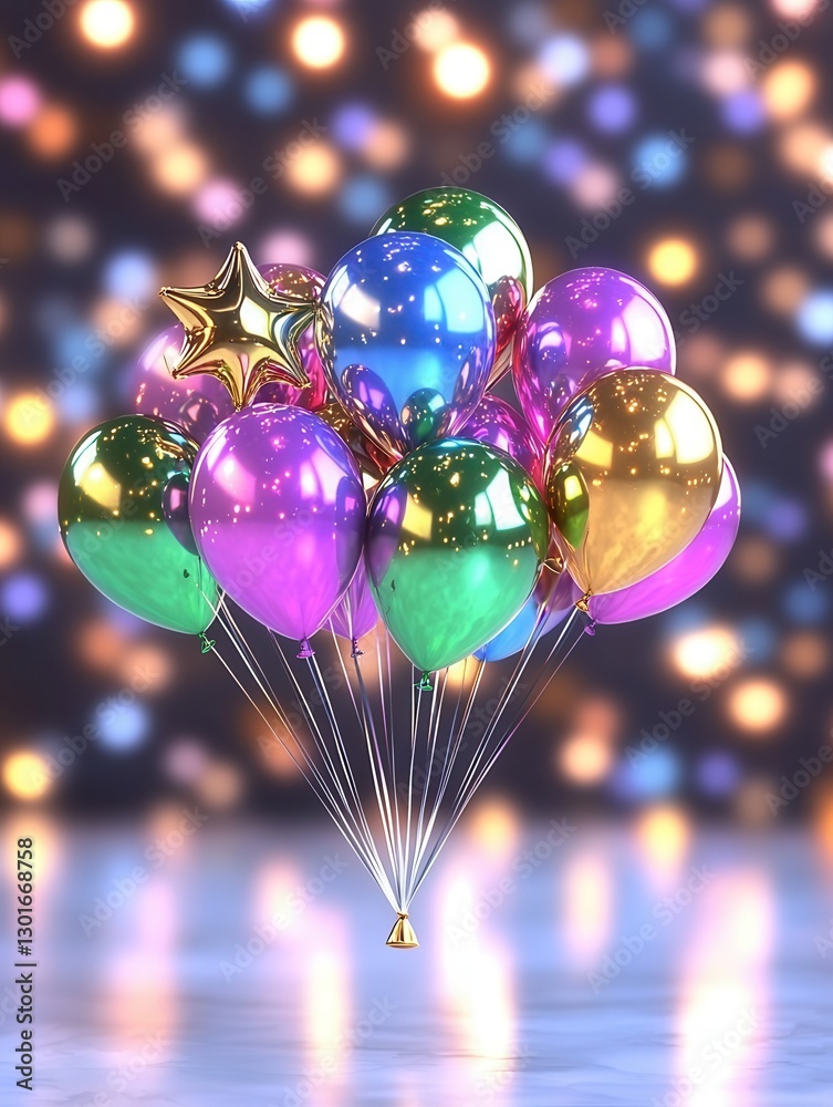 Poster a dynamic and mesmerizing cluster of brightly colored star shaped balloons floating in a digital ren