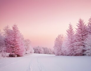 Obraz premium A serene winter landscape showcasing frosted trees against a soft pastel sunset.