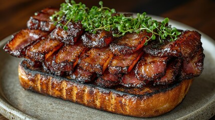 Bacon Stack on Bread, Dressed, on Plate, Wood Background, Food Still Life