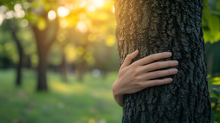 Hugging Tree in Park at Sunset