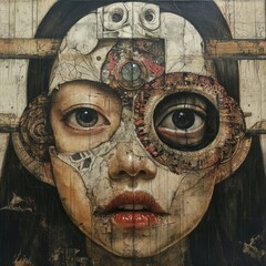Cyberpunk girl portrait, wooden background, mechanical eyes, digital art