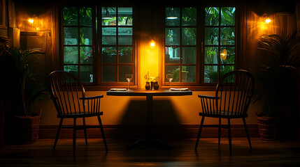 Romantic dinner table by window at night