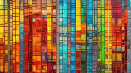 Colorful abstract cityscape building facade with vibrant stained glass effect