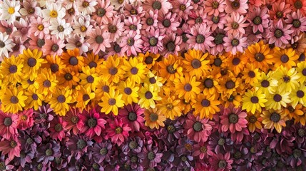 Colorful paper flower wall display, gradient arrangement