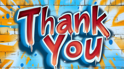 Bold graffiti-style "Thank You" text on a colorful urban wall background