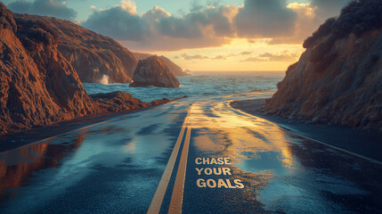 Scenic coastal road with motivational message at sunrise
