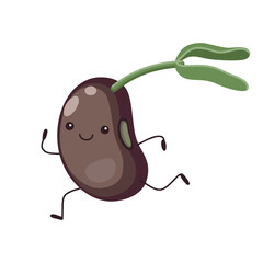 Running cute red bean mascot with green sprout in flat style