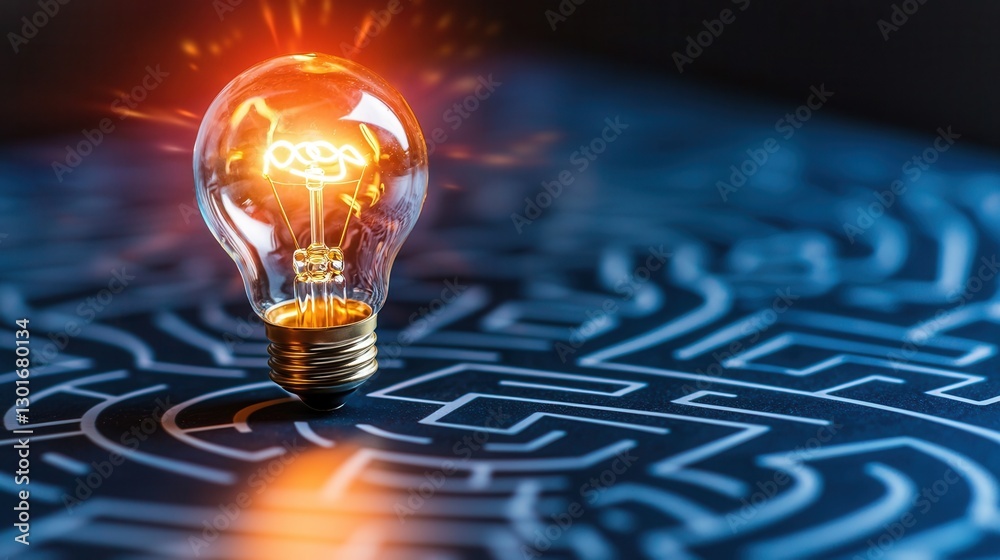 Poster glowing lightbulb symbolizing an innovative idea or breakthrough shining over a minimalistic maze li