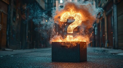 Burning question mark emerges from box in alley
