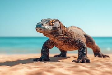 Obraz premium Close-up of a komodo dragon standing on a sandy tropical beach with the ocean and blue sky in the background