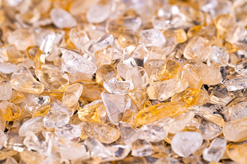 gravel chips Polished light yellow citrine quartz close-up detail