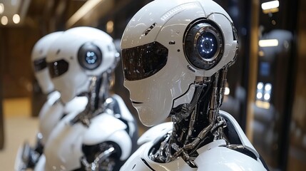 Fototapeta premium Robots showcase advanced technology at innovation expo modern exhibit indoor environment futuristic view