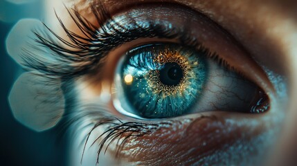 Close-up Beautiful eye staring at the viewer with detailed iris and bokeh lights
