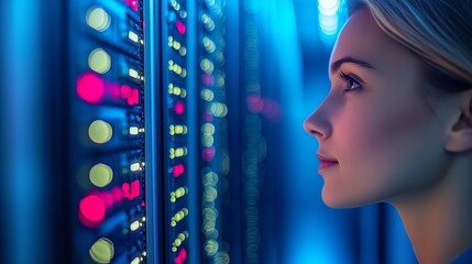 Data analysis action server room digital interaction high-tech environment close-up view innovation concept