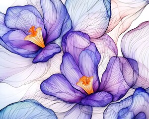 Watercolor crocus flowers bloom on white, detailed floral pattern for backgrounds and designs