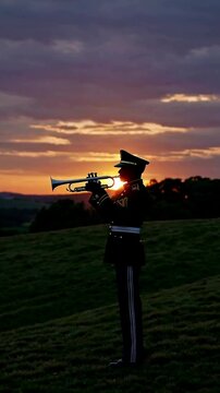 Silhouette of a bugler playing at sunset in scenic landscape