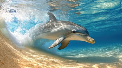 Naklejka premium Dolphin emerges from underwater wave, turquoise ocean, sandy bottom