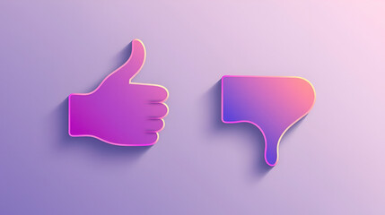 Thumb up and down in colorful gradient design. Ok and negative symbol. Positive or bad choice. Isolated illustration of like or dislike icon. Social button of decision. Insta style. Vector EPS 10.