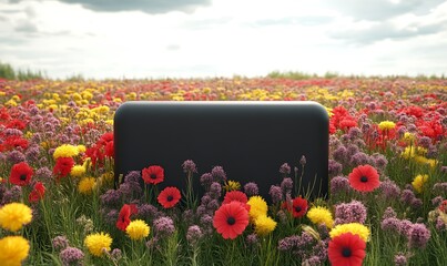 Black Block in Vibrant Flower Field Summer Landscape