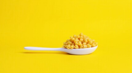 Playful Uncooked Pasta Shells on White Spoon Against Yellow Background
