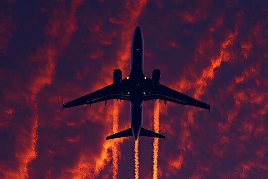 Commercial Airplane in Flight A wide-angle shot of a modern commercial airplane flying against a vibrant sunset sky. Perfect for airlines and travel ads.