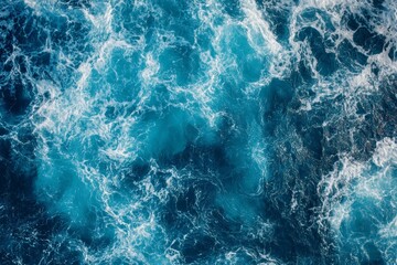 Turbulent ocean waves from above in blue tones. Artificial Intelligence