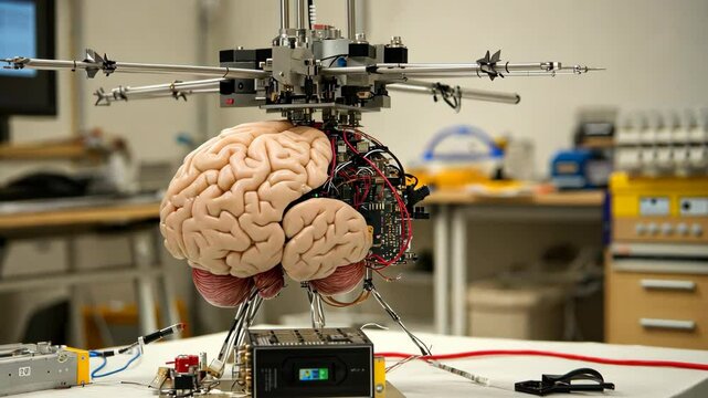 Innovative robotic brain model displayed in laboratory showcasing advanced technology and engineering