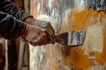 Artisan using a scraper applying plaster to wall.