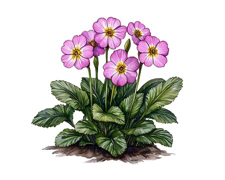 Watercolor painting of pink primrose flowers, isolated, for decorative designs, background white