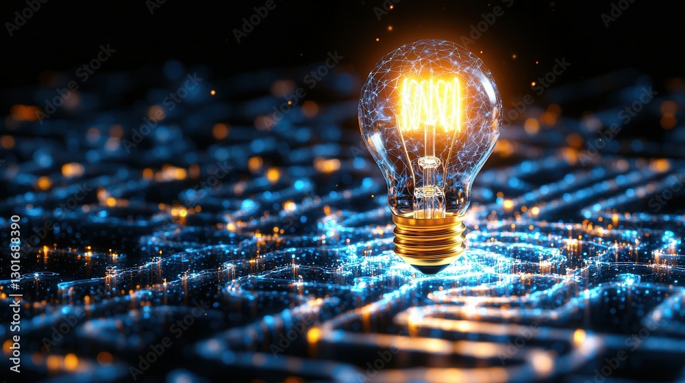 Poster a visually striking image depicting a luminous light bulb casting its glow over a complex maze of in