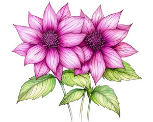 Obraz premium Watercolor pink dahlias bloom, leaves visible, isolated white background, used for decoration
