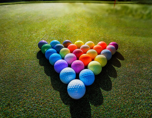 The vibrant contrast of brightly colored golf balls arranged in a triangle formation on a putting green