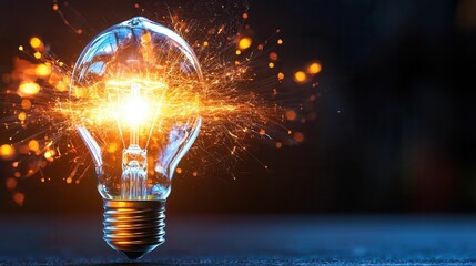 A visually striking and captivating image depicting a luminous light bulb bursting with energy and sparks set against the backdrop of a geometric maze like pattern