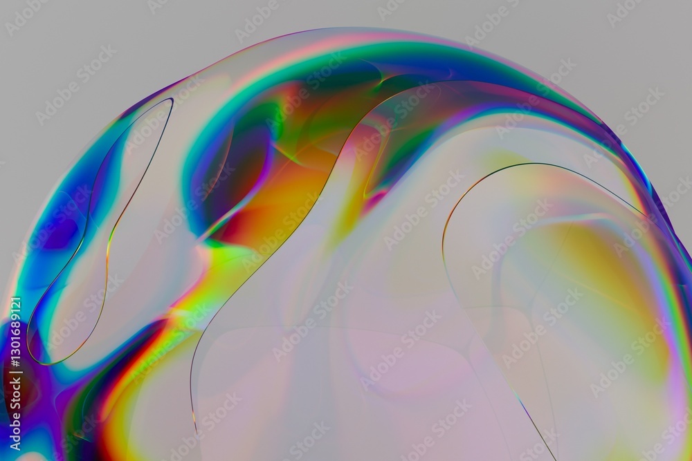 Poster Smooth surface with a radiant gradient of rainbow hues forms a gentle, ethereal glow in this abstract 3D illustration, set against a muted gray background.