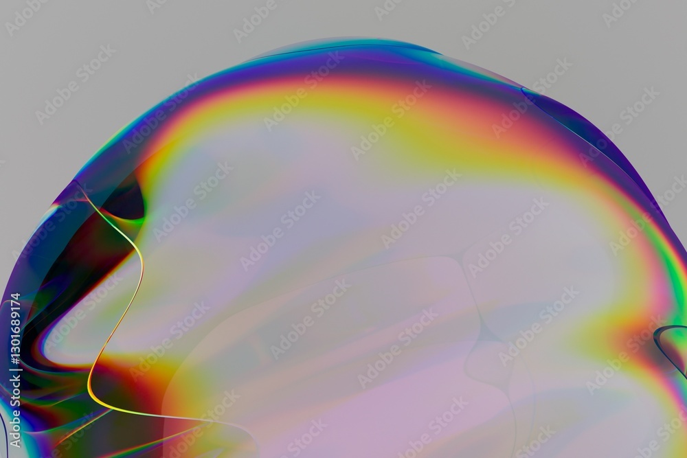 Poster Smooth surface with a radiant gradient of rainbow hues forms a gentle, ethereal glow in this abstract 3D illustration, set against a muted gray background.