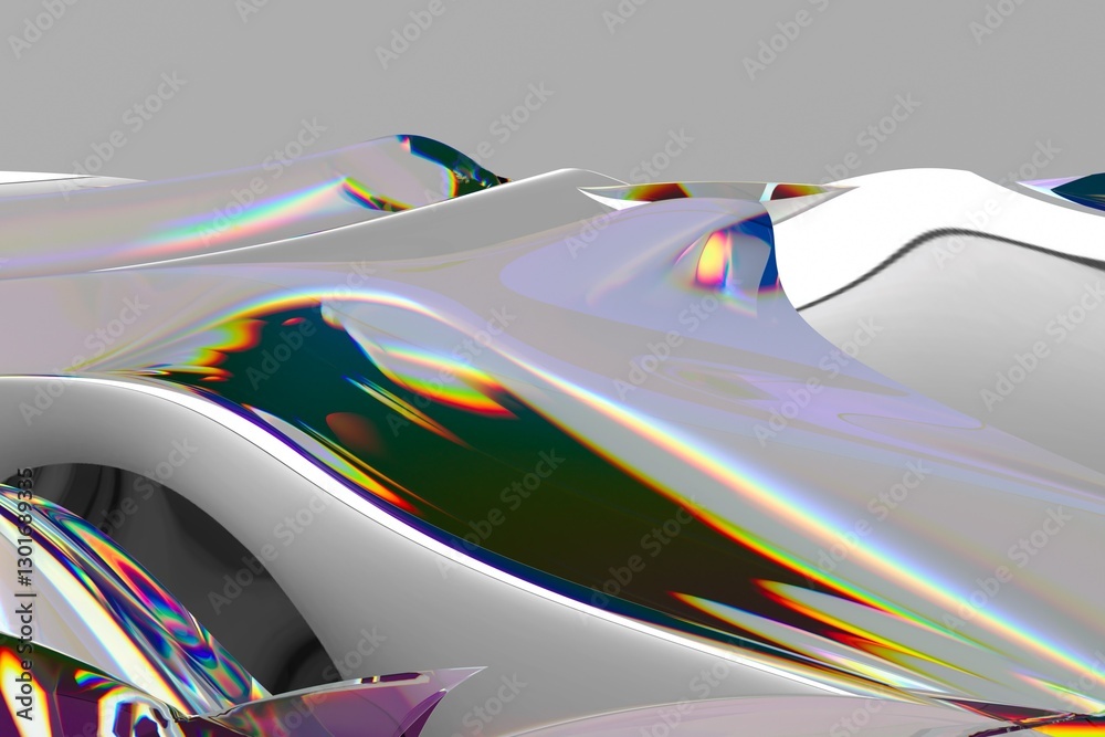 Poster Flowing, iridescent surface with rainbow reflections creates a mesmerizing wave-like pattern in this abstract 3D illustration, set against a smooth gray background.