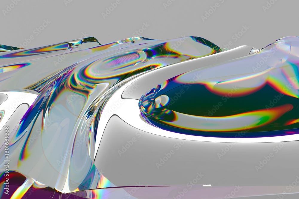 Poster flowing, iridescent surface with rainbow reflections creates a mesmerizing wave-like pattern in this