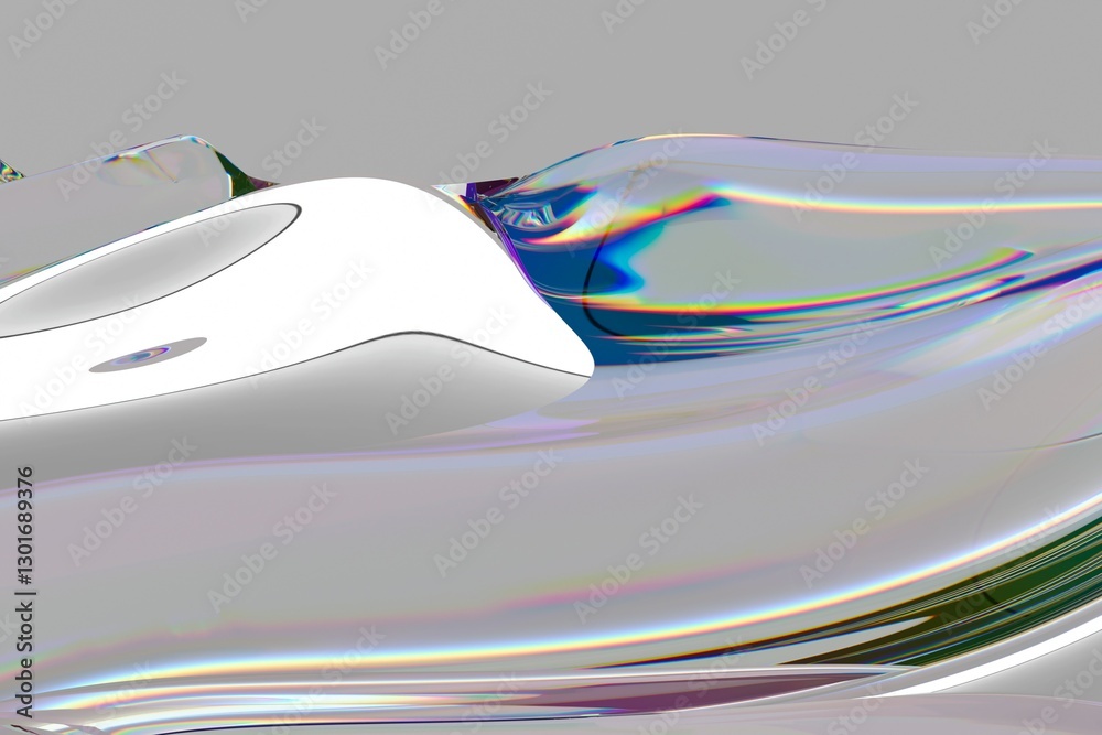 Poster Flowing, iridescent surface with rainbow reflections creates a mesmerizing wave-like pattern in this abstract 3D illustration, set against a smooth gray background.
