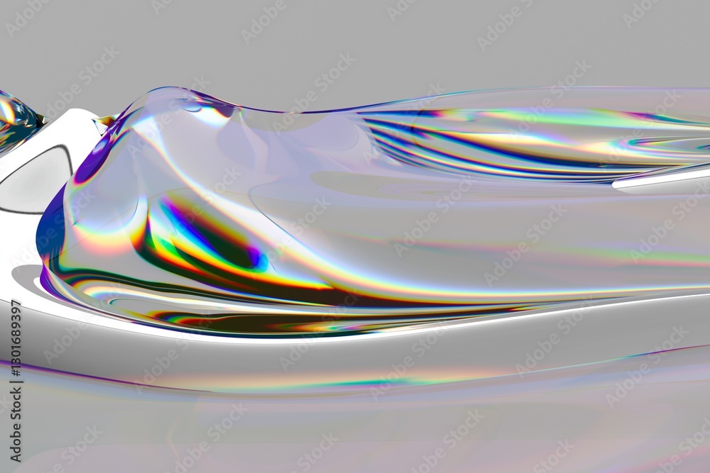 Poster flowing, iridescent surface with rainbow reflections creates a mesmerizing wave-like pattern in this