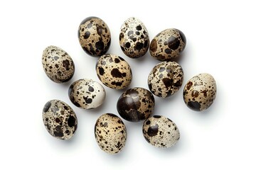 Obraz premium Speckled quail eggs on white background. Artificial intelligence image