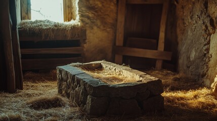 Rustic stone manger in sunlit stable with straw bedding