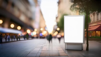 Busy city street with a blank advertising board and pedestrians during the golden hour, mockup