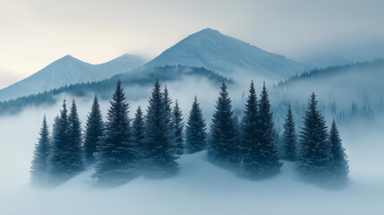 Obraz premium Misty mountain landscape with evergreen trees covered in soft fog