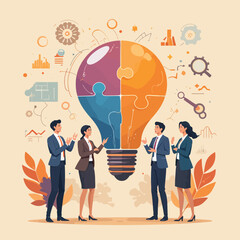 Contemporary flat style vector illustration of diverse standing people in business suits discussing an idea in the form of light bulb made of puzzle pieces