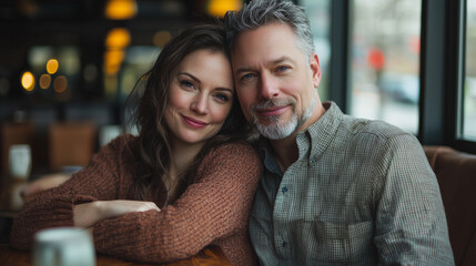 A happy couple enjoying a cozy moment in a café, radiating warmth and affection.